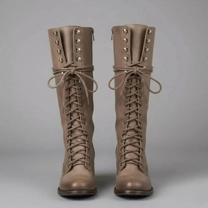 Women's Lace-Up Studded Knee-High Boots Block Heel in Khaki