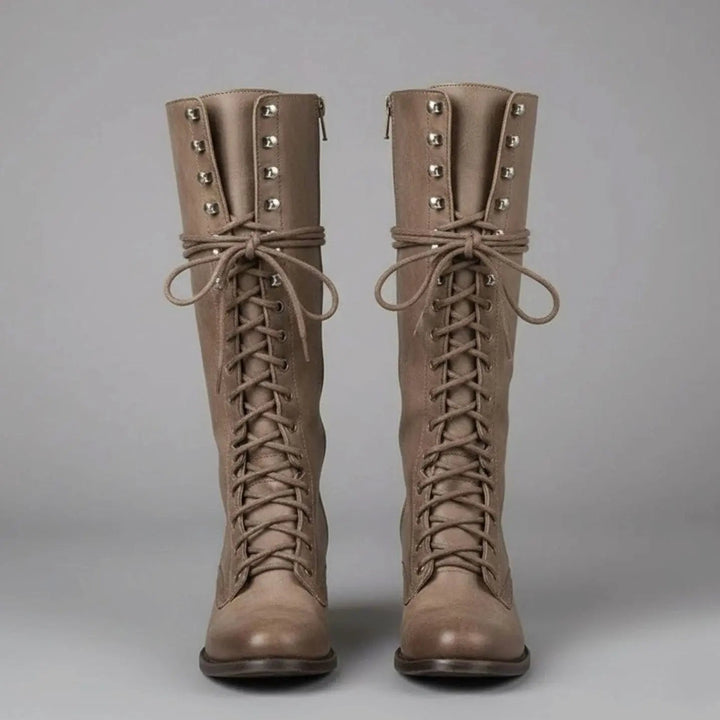 Women's Lace-Up Studded Knee-High Boots Block Heel — Khaki