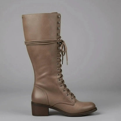 Women's Lace-Up Studded Knee-High Boots Block Heel in Khaki, another view