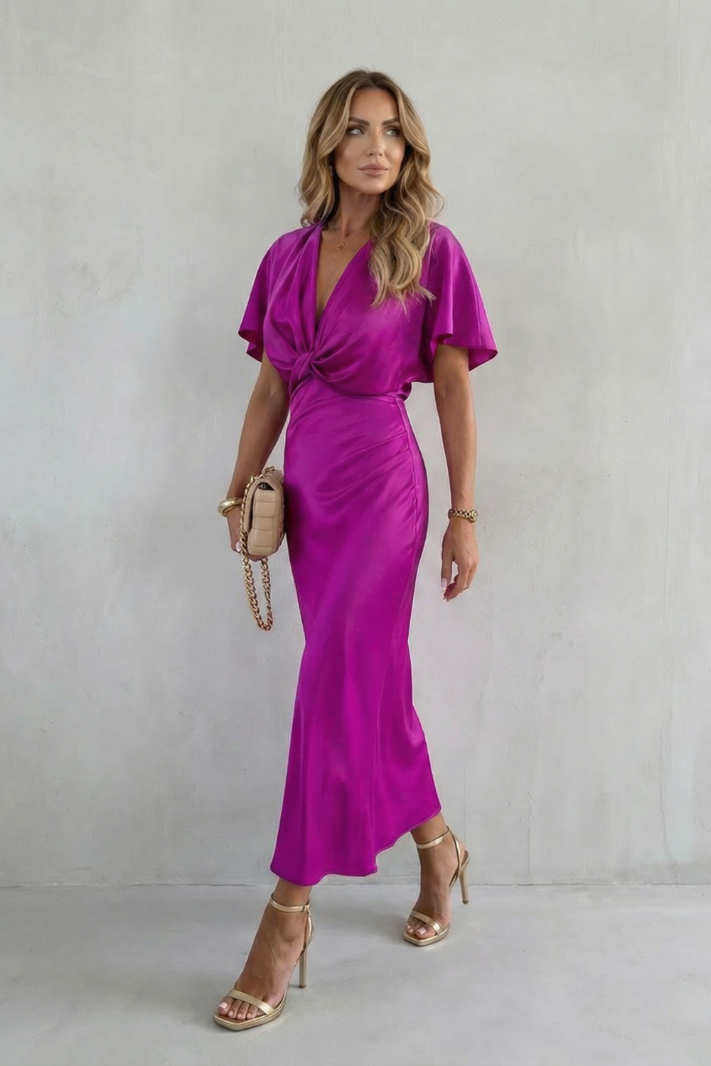 Rosalie | Midi Dress Satin Twist-Knot V-Neck for Women in Purple, another view