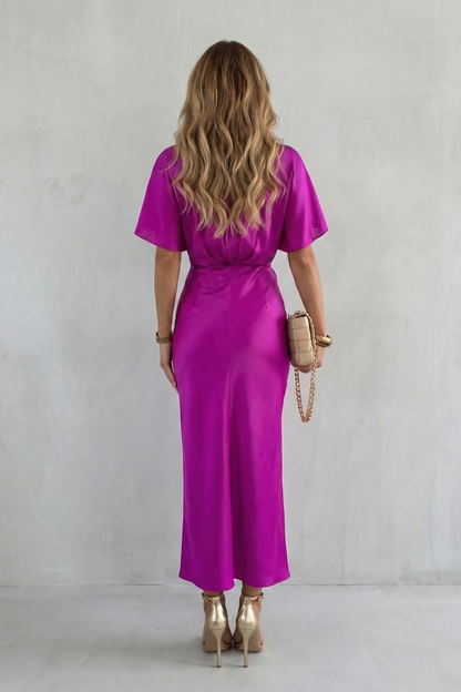 Rosalie | Midi Dress Satin Twist-Knot V-Neck for Women in Purple, another view