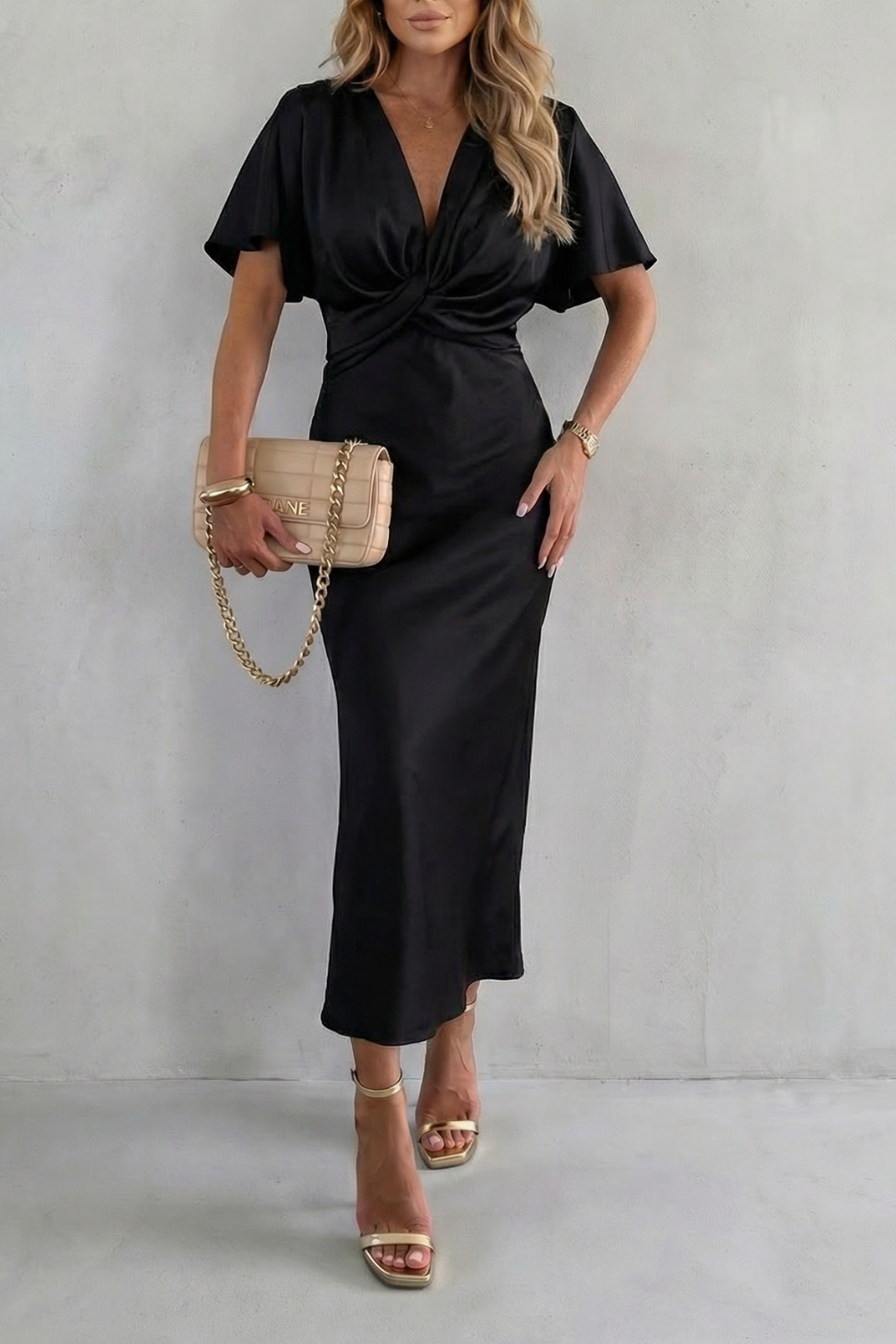 Rosalie | Midi Dress Satin Twist-Knot V-Neck for Women in Black