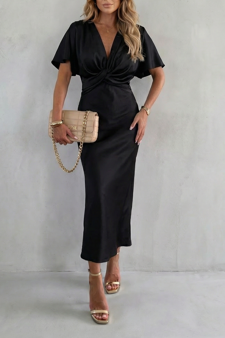 Rosalie | Midi Dress Satin Twist-Knot V-Neck for Women in Black