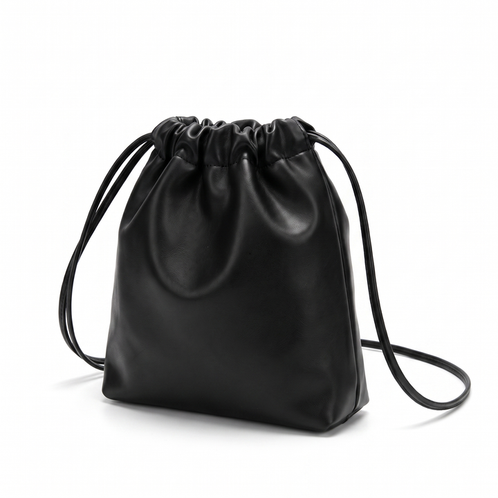 Sunoire mira black drawstring bucket bag side view 01