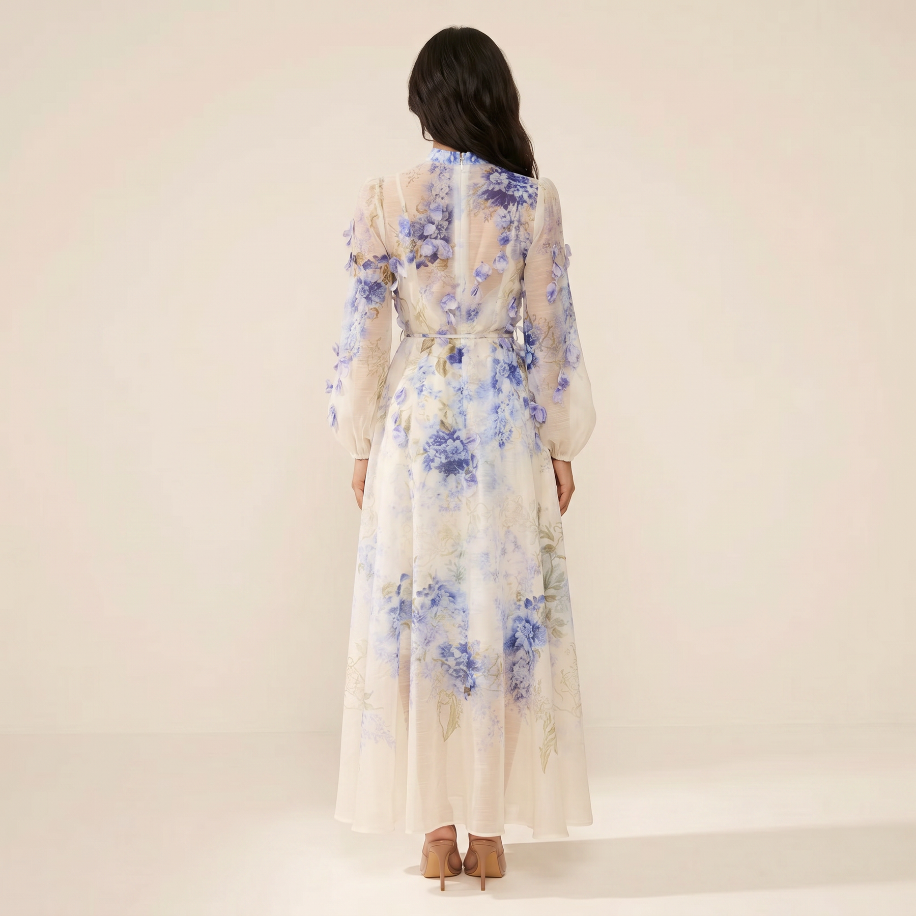 Sunoire moment of beauty blue floral print maxi dress back view 01