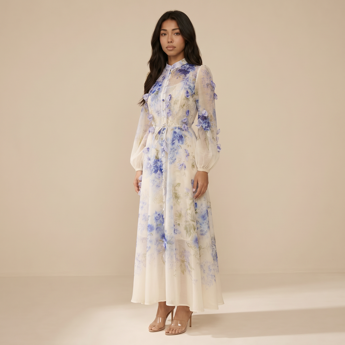 Sunoire moment of beauty blue floral print maxi dress three quarter 01
