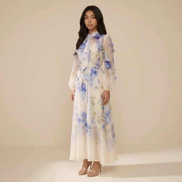 Sunoire moment of beauty blue floral print maxi dress three quarter 01