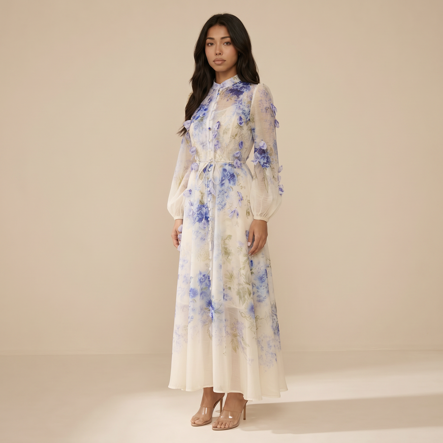 Sunoire moment of beauty blue floral print maxi dress three quarter 01