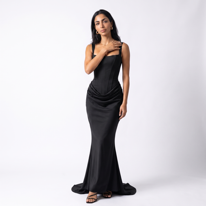 Sunoire montarello womens bodycon draped corset maxi dress wedding guest style colorway black front crop 01