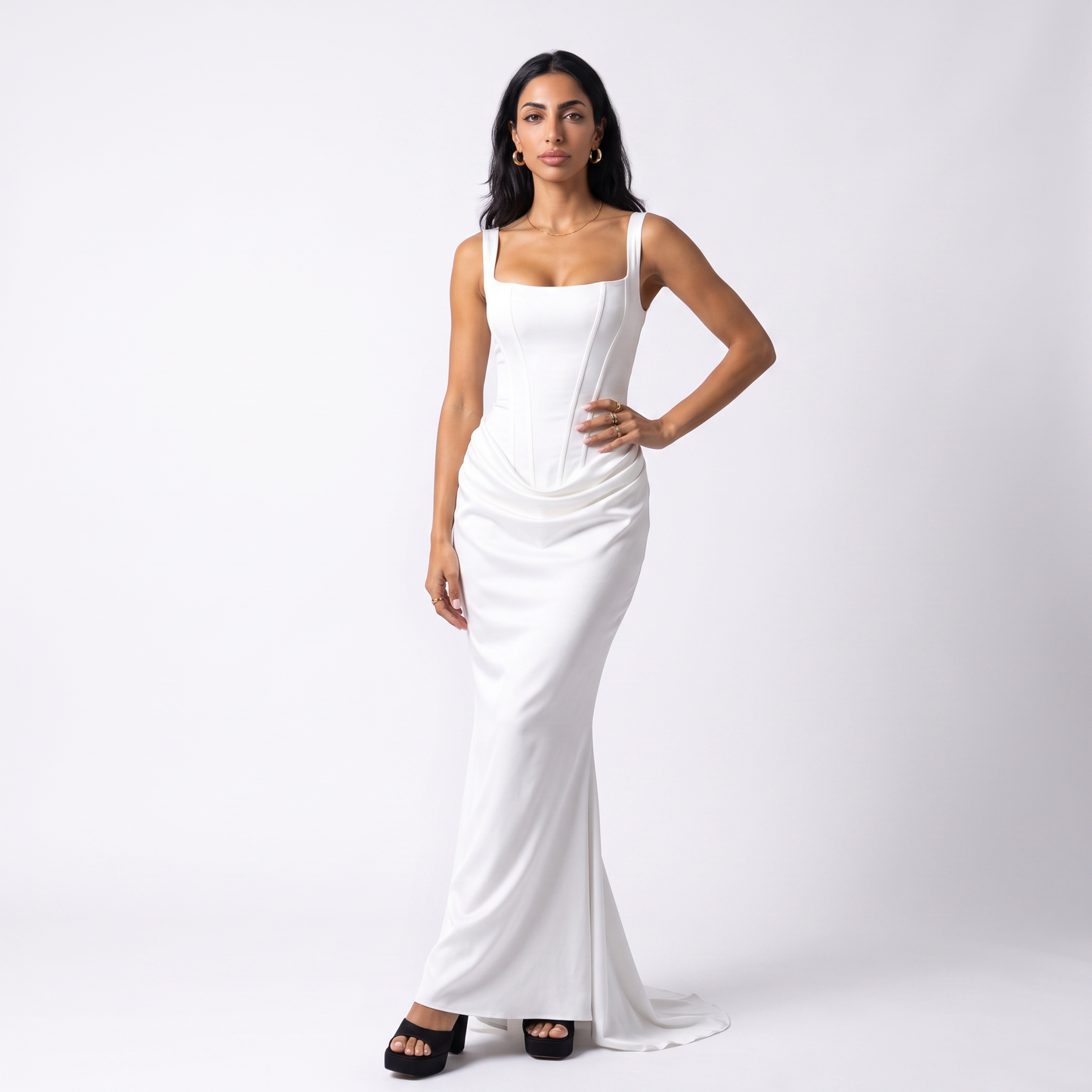 Sunoire montarello womens bodycon draped corset maxi dress wedding guest style colorway white front crop 01