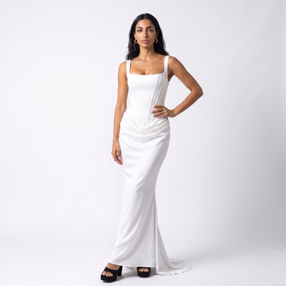Sunoire montarello womens bodycon draped corset maxi dress wedding guest style colorway white front crop 01