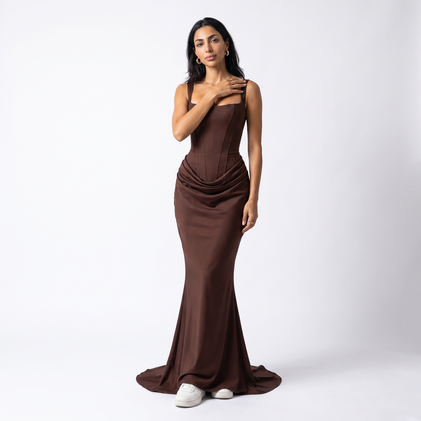 Sunoire montarello womens bodycon draped corset maxi dress wedding guest style front hero 01