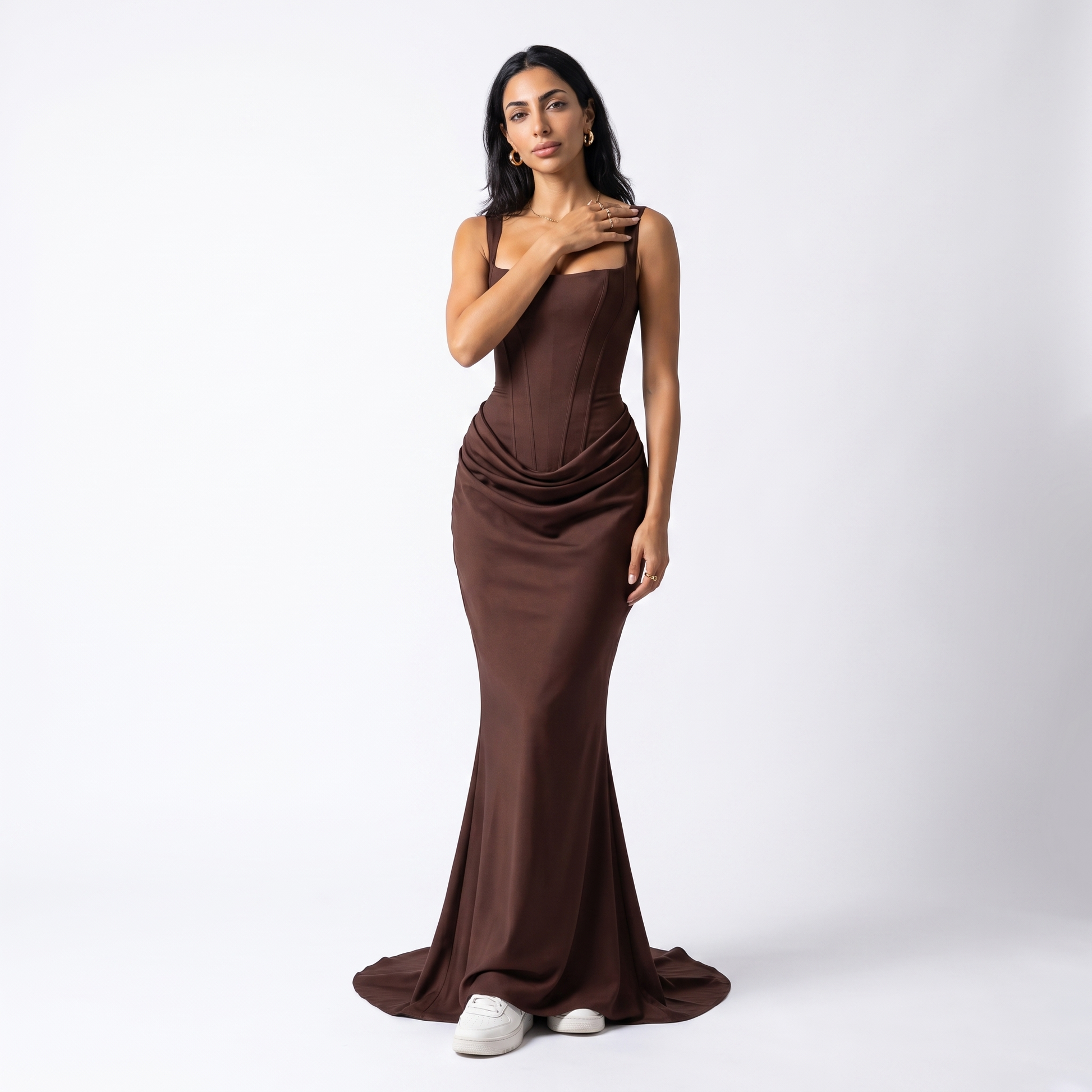 Sunoire montarello womens bodycon draped corset maxi dress wedding guest style front hero 01