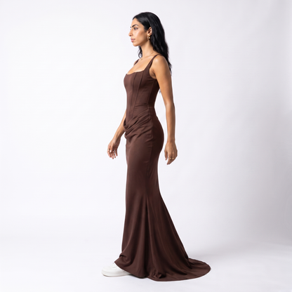 Sunoire montarello womens bodycon draped corset maxi dress wedding guest style side view 01