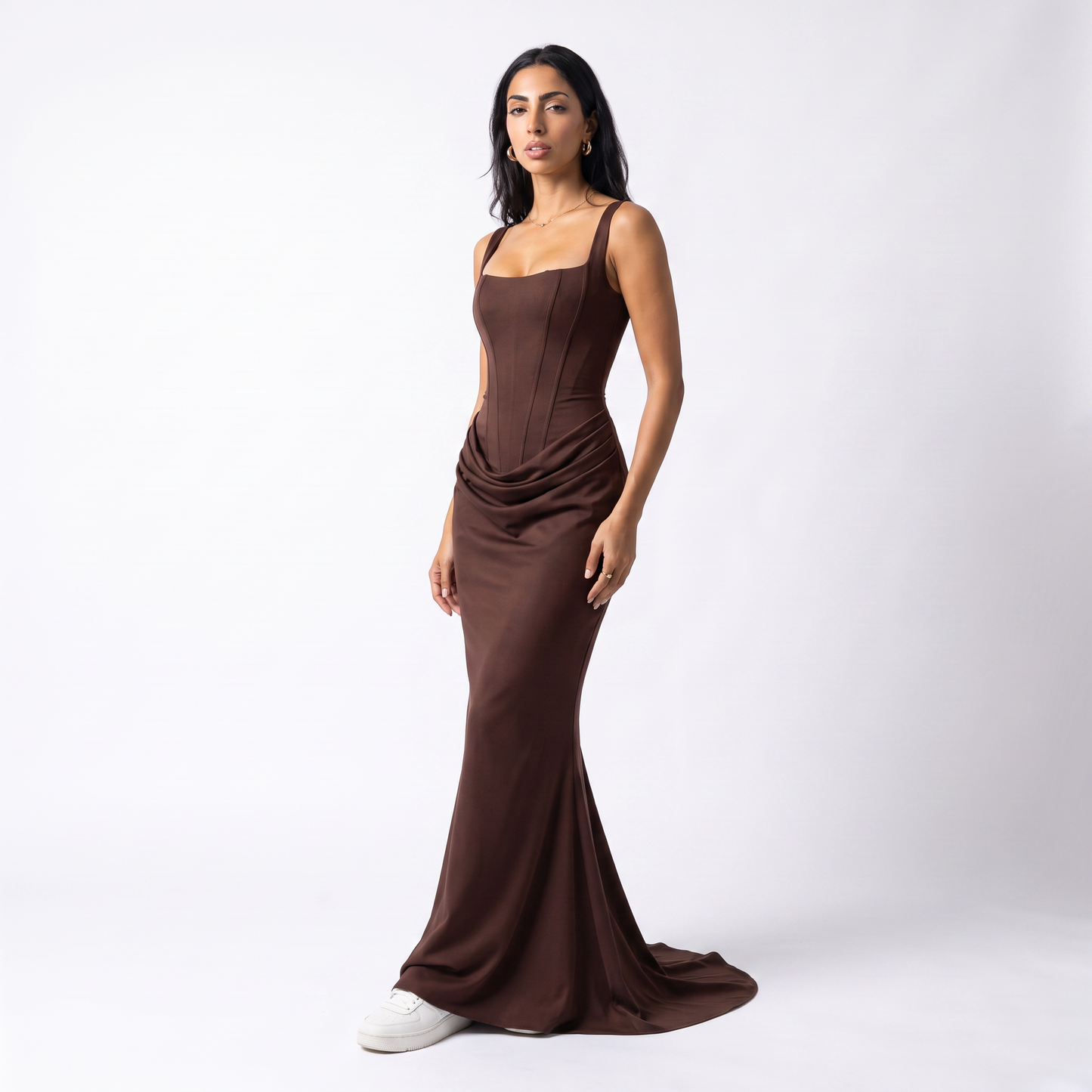 Sunoire montarello womens bodycon draped corset maxi dress wedding guest style three quarter 01