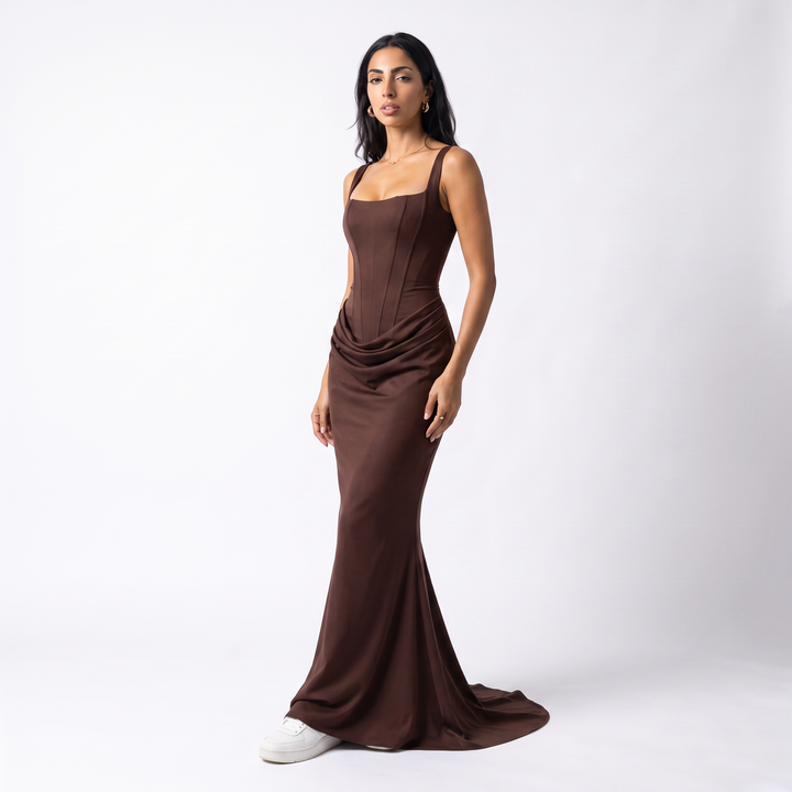 Sunoire montarello womens bodycon draped corset maxi dress wedding guest style three quarter 01