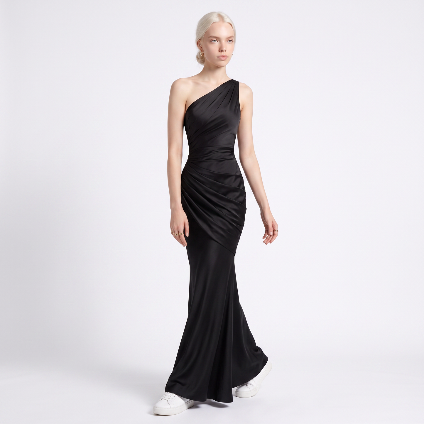 Sunoire montarello womens draped waist satin look maxi wedding guest dress colorway black front crop 01