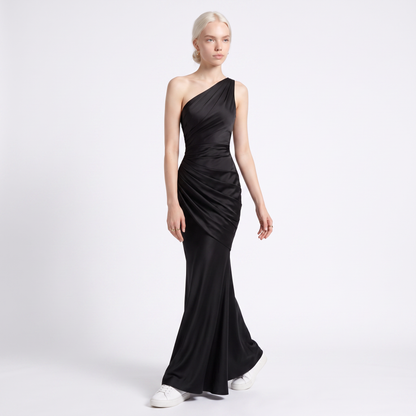 Sunoire montarello womens draped waist satin look maxi wedding guest dress colorway black front crop 01