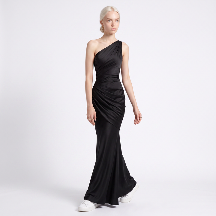 Sunoire montarello womens draped waist satin look maxi wedding guest dress colorway black front crop 01