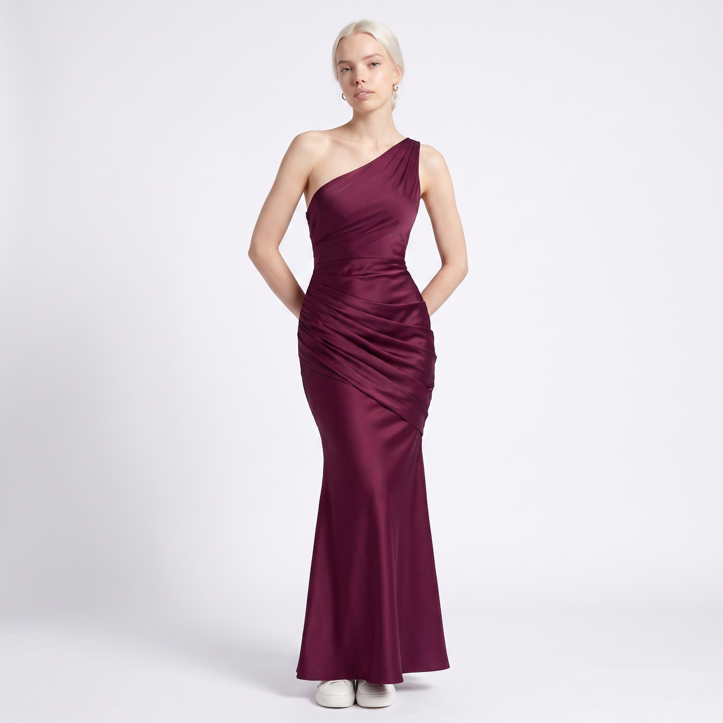 Sunoire montarello womens draped waist satin look maxi wedding guest dress colorway purple front crop 01