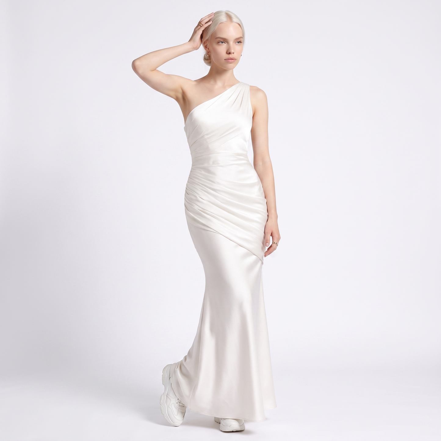 Sunoire montarello womens draped waist satin look maxi wedding guest dress colorway white front crop 01