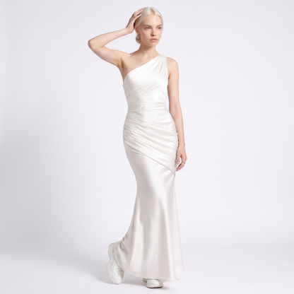 Sunoire montarello womens draped waist satin look maxi wedding guest dress colorway white front crop 01