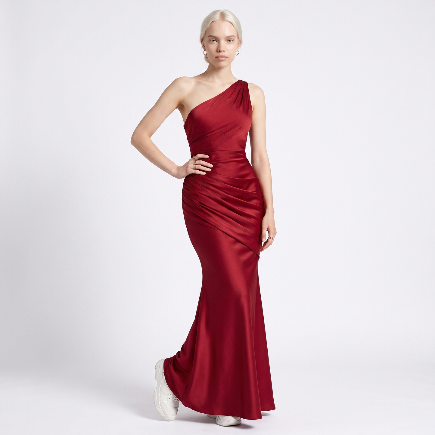 Sunoire montarello womens draped waist satin look maxi wedding guest dress front hero 01
