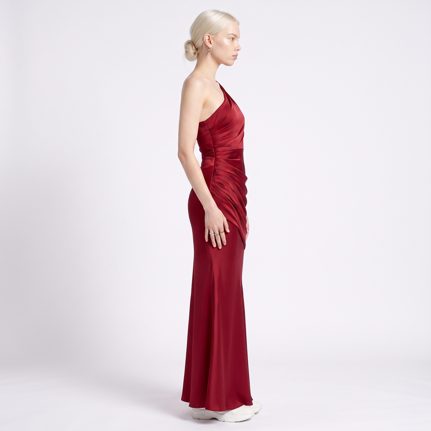 Sunoire montarello womens draped waist satin look maxi wedding guest dress side view 01