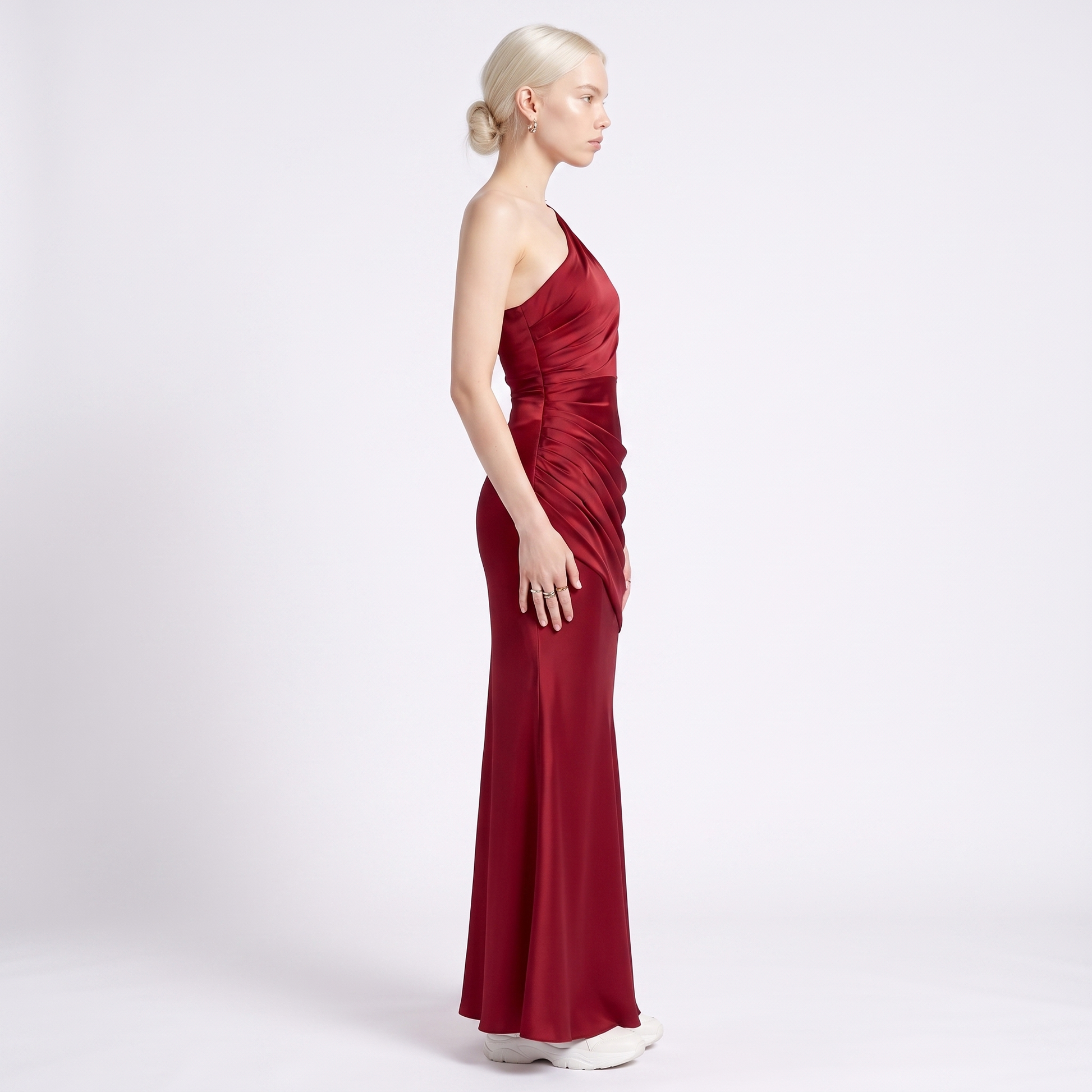 Sunoire montarello womens draped waist satin look maxi wedding guest dress side view 01