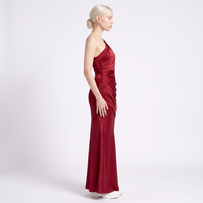 Sunoire montarello womens draped waist satin look maxi wedding guest dress side view 01