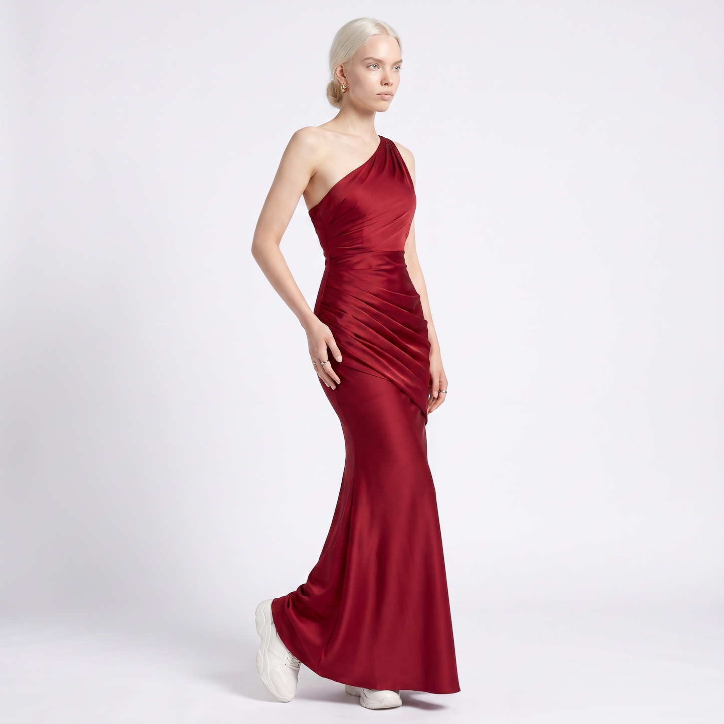 Sunoire montarello womens draped waist satin look maxi wedding guest dress three quarter 01