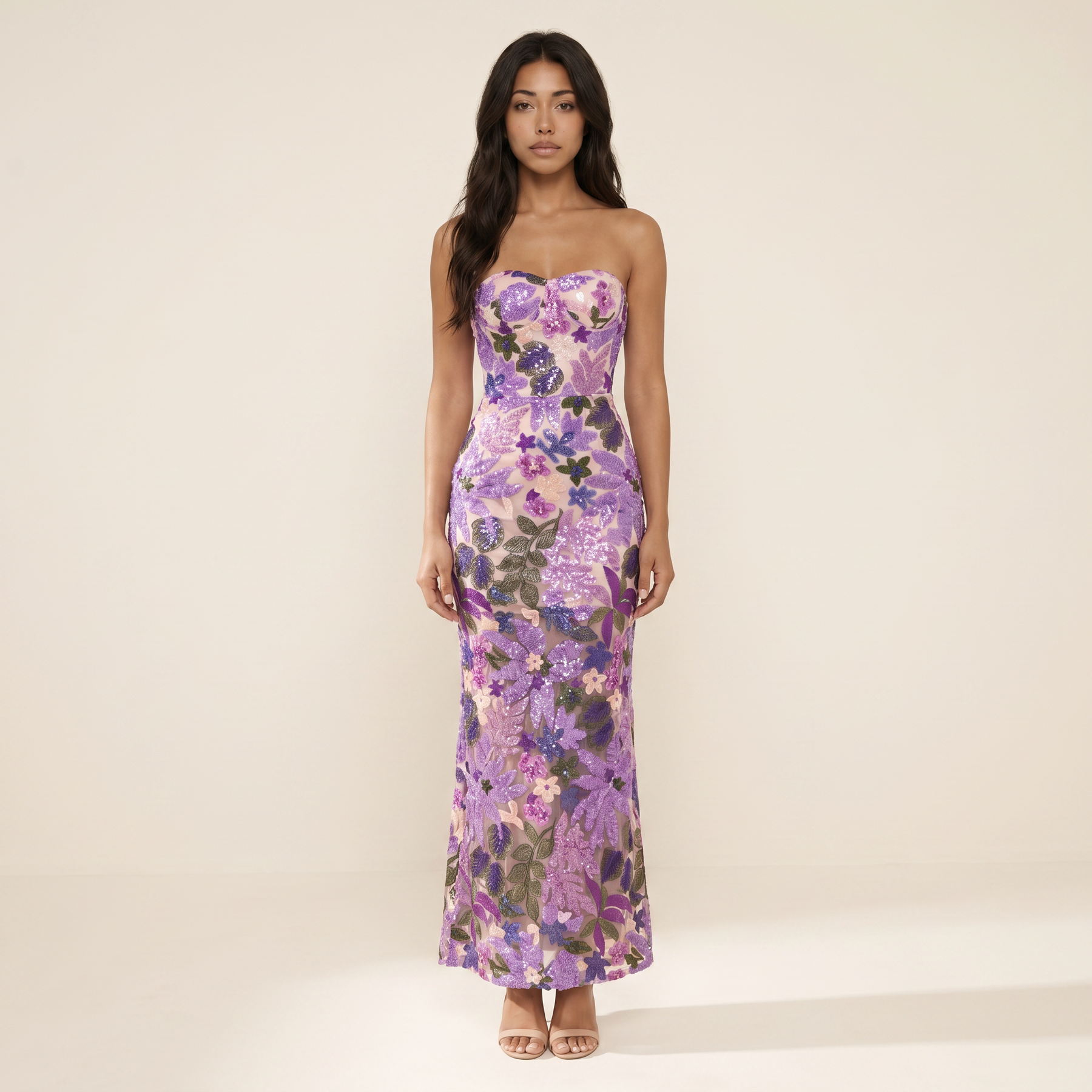 Sunoire nakoa strapless sequin embroidered maxi dress front hero 01