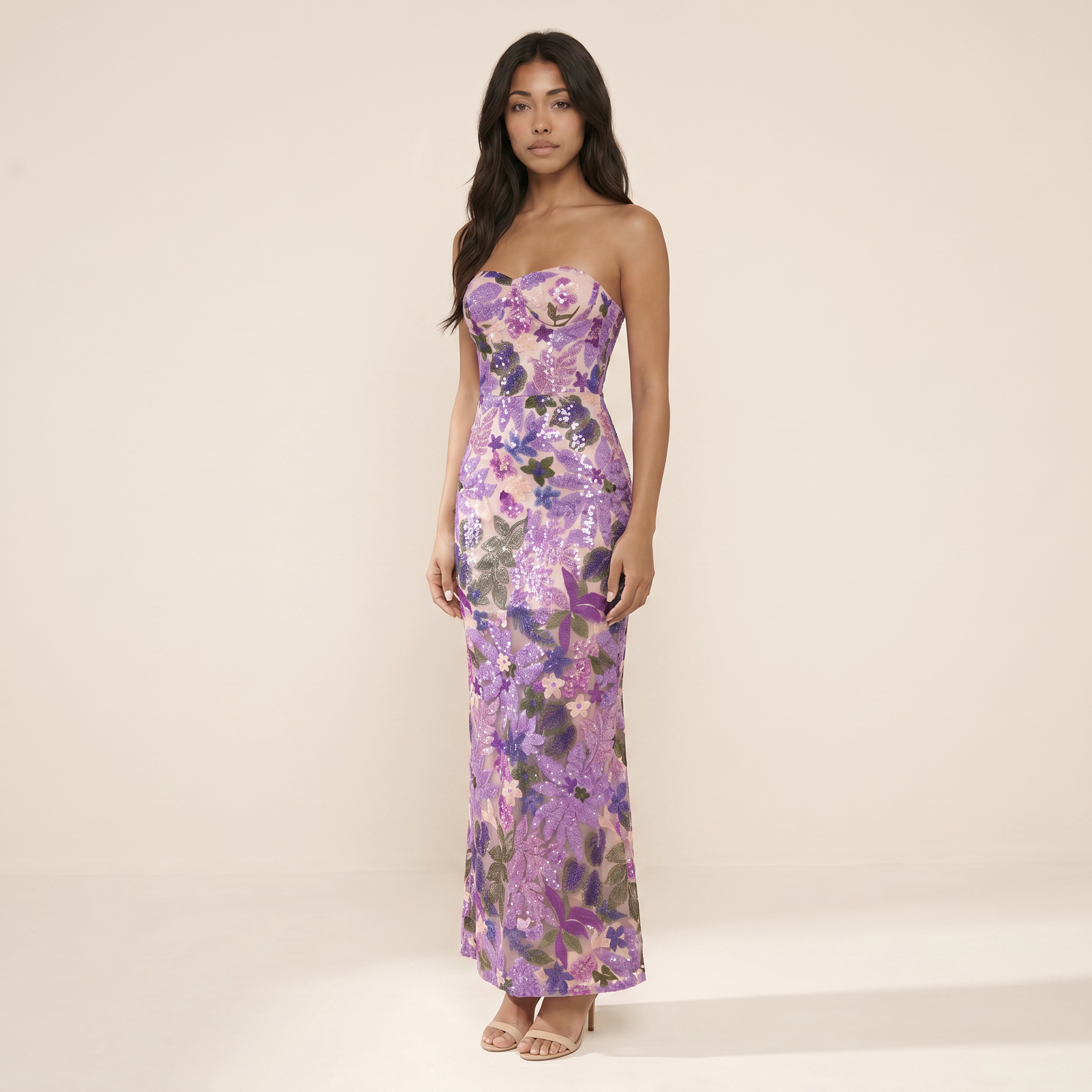 Sunoire nakoa strapless sequin embroidered maxi dress three quarter 01