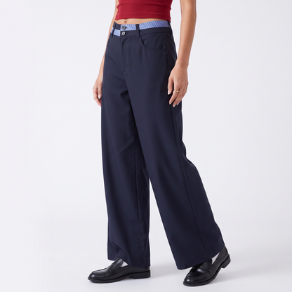 Sunoire navy blue wide leg pants women high waisted double button baggy trousers y2k streetwear korean style office lady work pants bottom crop 3q 01