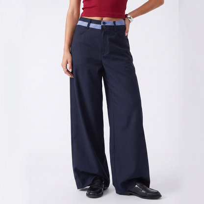 Sunoire navy blue wide leg pants women high waisted double button baggy trousers y2k streetwear korean style office lady work pants bottom front crop 01