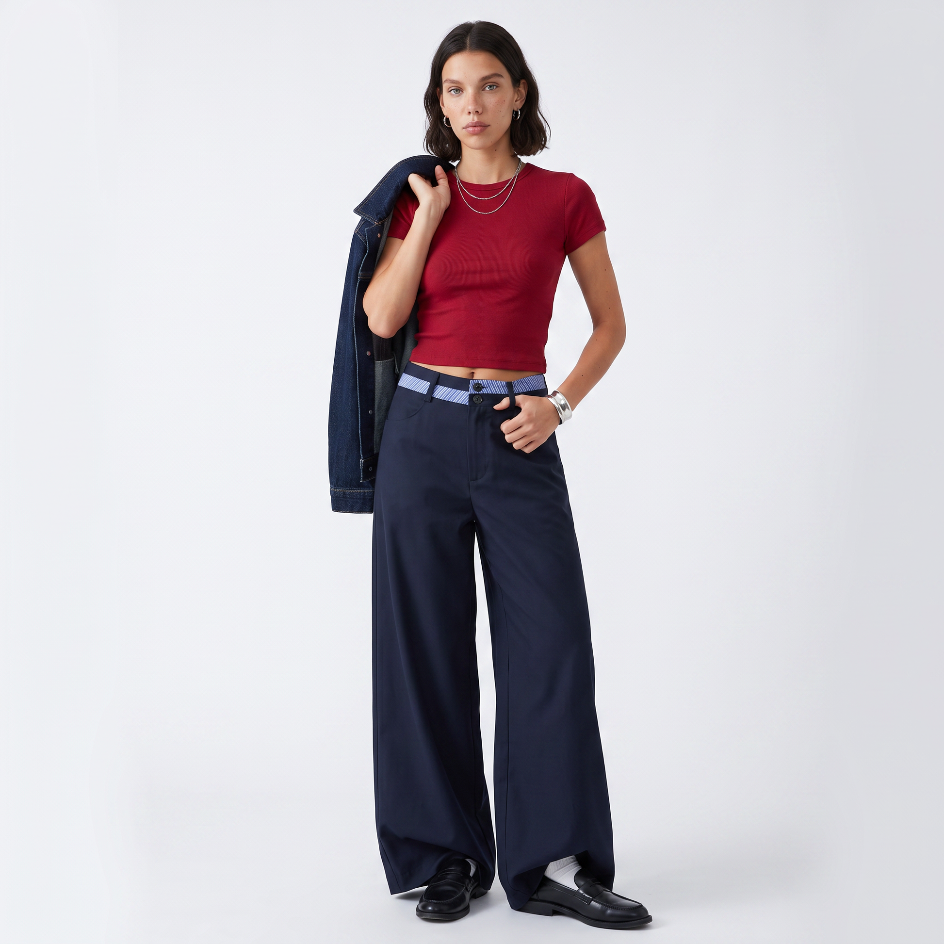 Sunoire navy blue wide leg pants women high waisted double button baggy trousers y2k streetwear korean style office lady work pants front hero 01