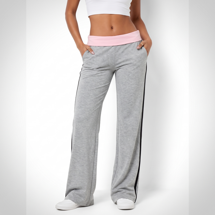 Women's Foldover Wide Leg Low Rise Trousers – Navy Everyday Casual Pants — Light Gray