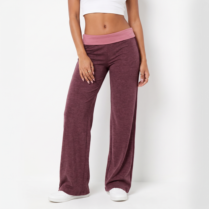Women's Foldover Wide Leg Low Rise Trousers – Navy Everyday Casual Pants — Wine Red