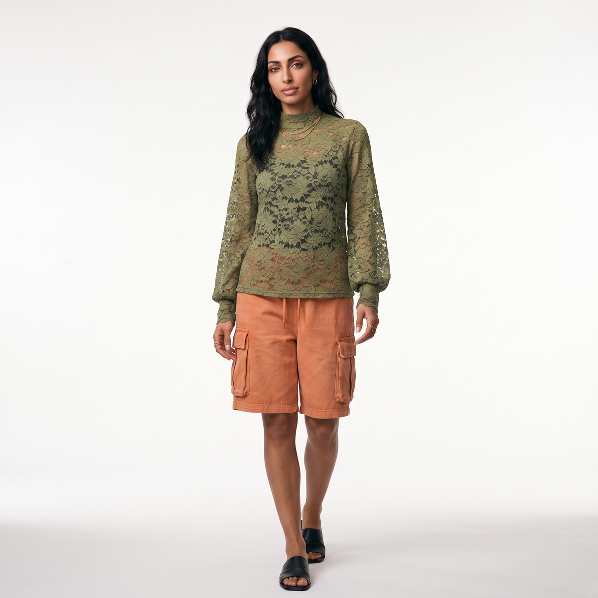 sexy lace hollow out short blouse casual lantern long sleeve stand collar shirts female elegant blue red white loose tops in Green colorway image