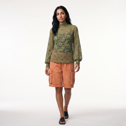 sexy lace hollow out short blouse casual lantern long sleeve stand collar shirts female elegant blue red white loose tops in Green colorway image