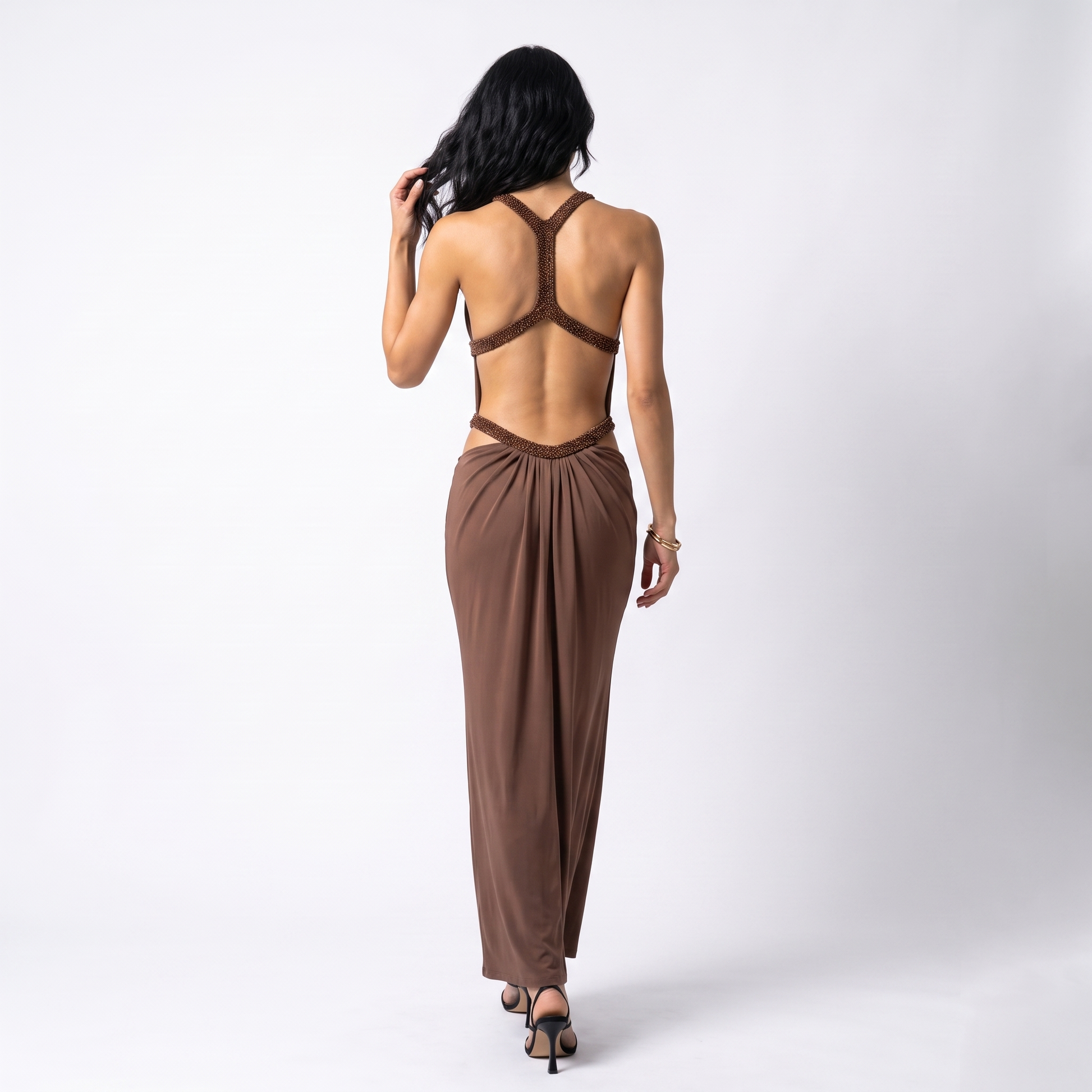 Cut-Out Halter Neck Maxi Dress – Brown Backless Cocktail Party Dress for Women – Sunoire