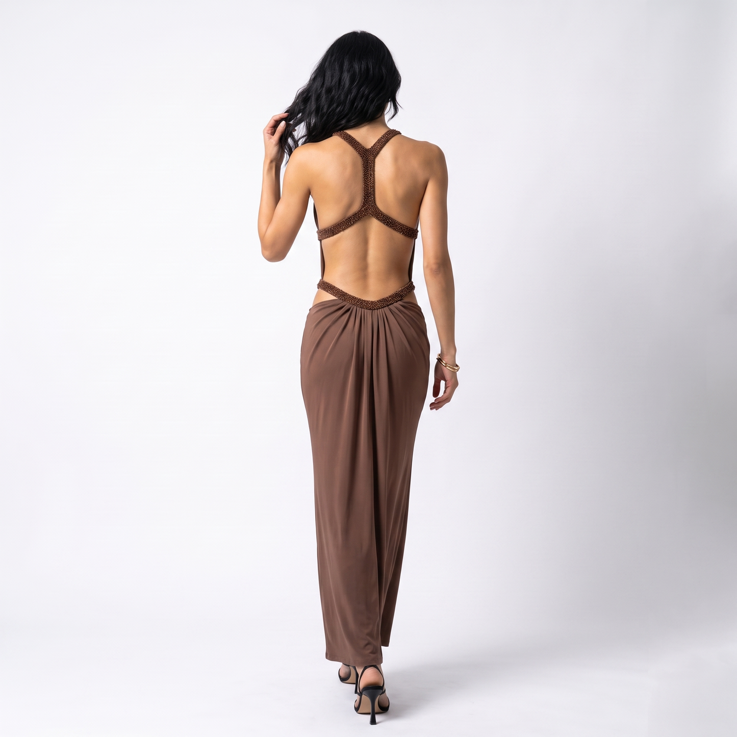 Sunoire new arrival brown halter neck evening gown with intricate rhinestone detailing and cut outs luxury high end evening gown back view 01