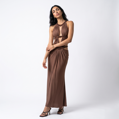 Sunoire new arrival brown halter neck evening gown with intricate rhinestone detailing and cut outs luxury high end evening gown front hero 01