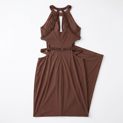 Sunoire new arrival brown halter neck evening gown with intricate rhinestone detailing and cut outs luxury high end evening gown garment flatlay 01