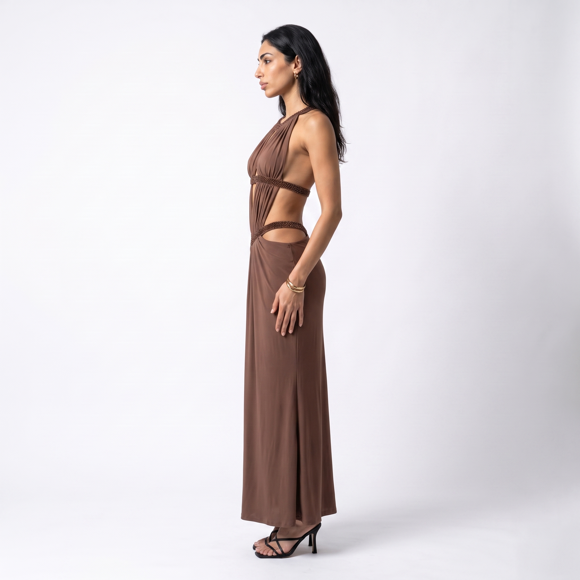 Sunoire new arrival brown halter neck evening gown with intricate rhinestone detailing and cut outs luxury high end evening gown side view 01