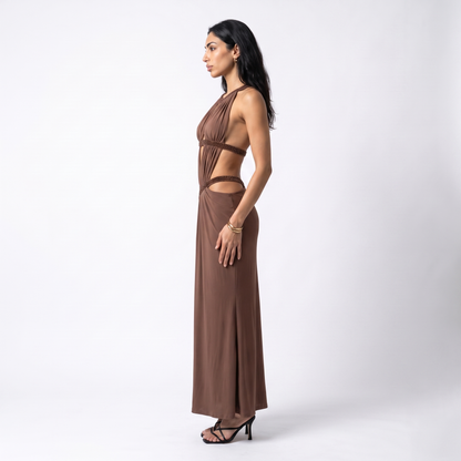 Sunoire new arrival brown halter neck evening gown with intricate rhinestone detailing and cut outs luxury high end evening gown side view 01
