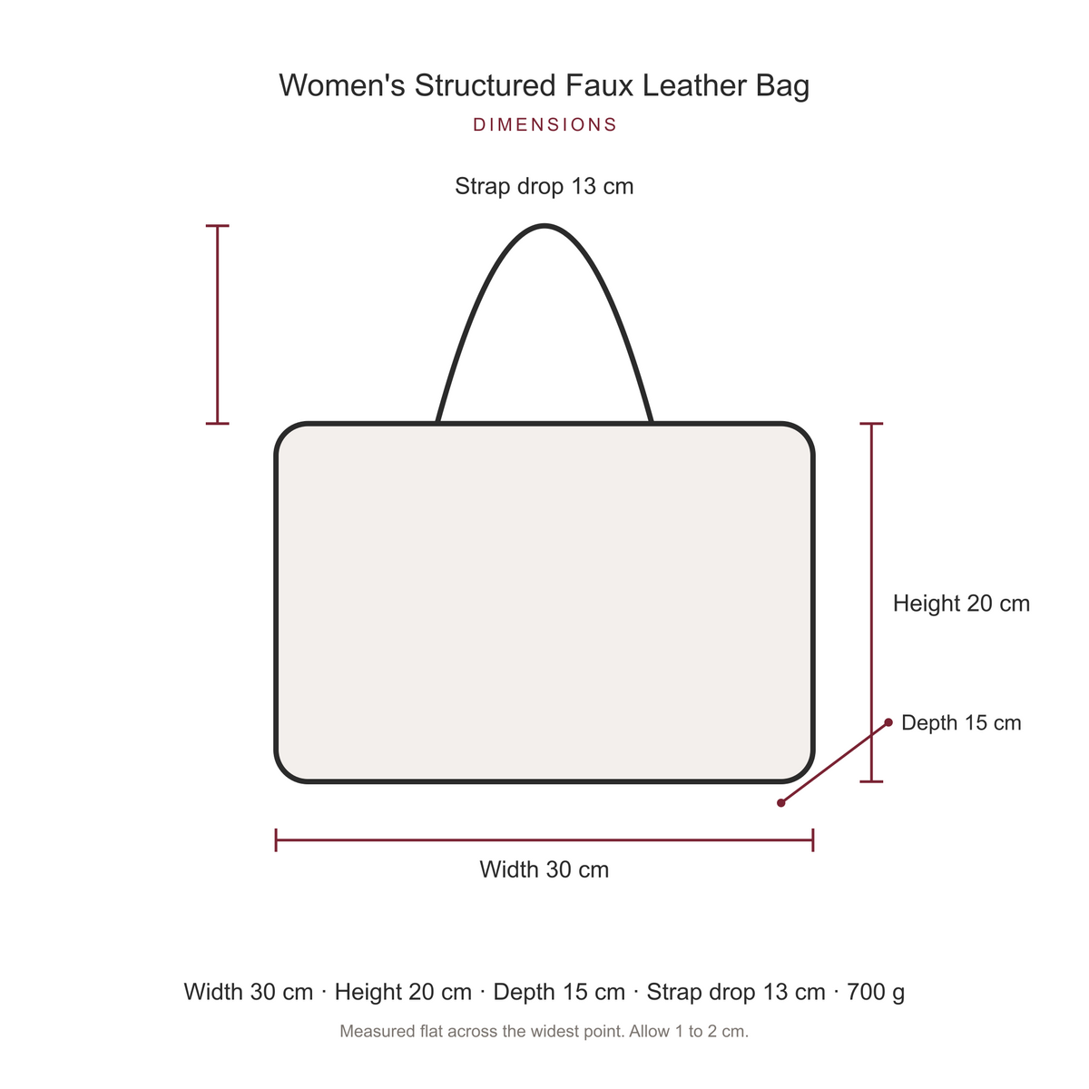 Women's Structured Faux Leather Bag, dimensions