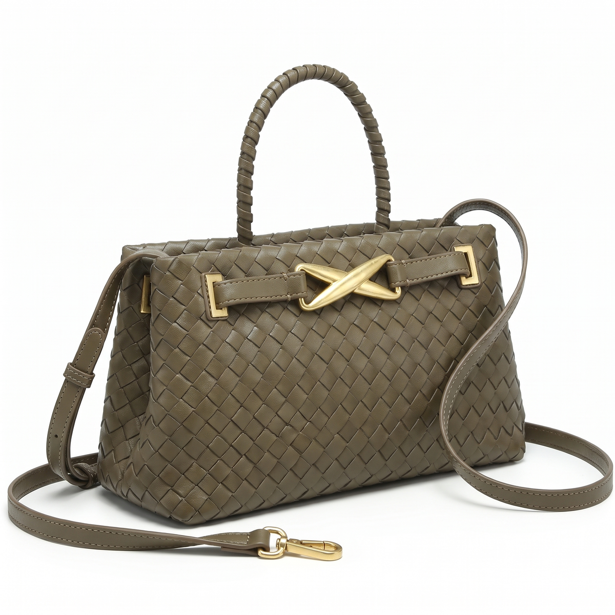 Women's Woven Faux Leather Pleated Structured Bag, three-quarter view