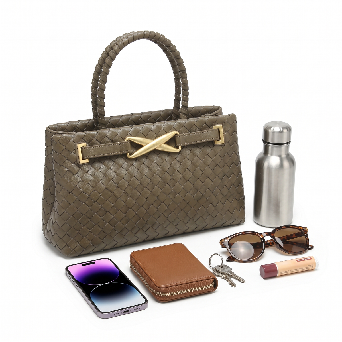 Women's Woven Faux Leather Pleated Structured Bag, what fits inside