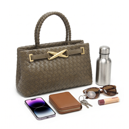 Women's Woven Faux Leather Pleated Structured Bag, what fits inside